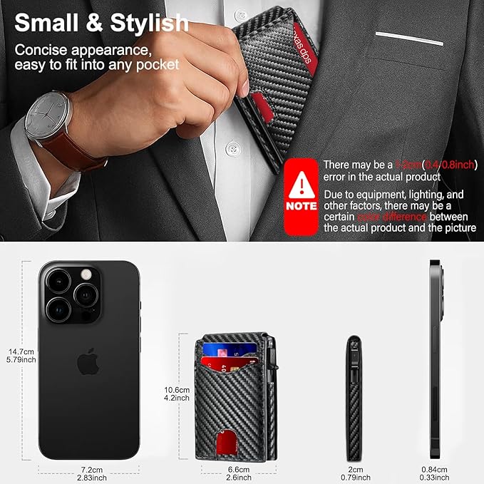 Wallet for Men, Pop Up Bank Credit Card Holder Case, RFID Blocking, Compact, Smart, Slim, Minimalist, Thin, 11 Cards Capacitiy | ID Window | Aluminum Metal | Carbon Fiber Pattern | Women (Black)
