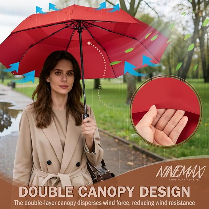 NINEMAX Windproof Travel Umbrella for Rain, Automatic Umbrellas Double Canopy Vented Compact for Men Women(Red)