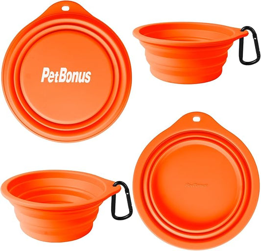 PetBonus 2-Pack Silicone Collapsible Dog Bowls, BPA Free Dishwasher Safe, Portable Foldable Expandable Travel Bowl, Food Water Feeding Cup Dish for Dogs Cats with 2 Carabiners (Orange, Yellow)