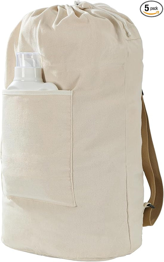 Canvas Laundry bag, Washable Laundry backpack, Adjustable Straps, Large Front Pocket, Drawstring Closure (BEIGE, X-Large)