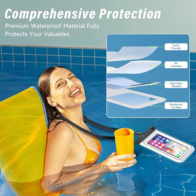 Waterproof Phone Pouch - 2 Pack IP68 Floating Waterproof Phone Case, Dry Bag Beach Cruise Essentials 2025 with Adjustable Lanyard for iPhone 16 Pro Max / 15 Pro / Galaxy S24 S23 (Black and White)