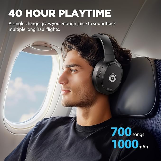 Hybrid Active Noise Cancelling Headphones, Bluetooth Headphones Wireless Over Ear with Transparency Mode, Deep Bass, Comfort Fit Ear Cups, 40 Hrs Playtime for Travel Home Office (Black)