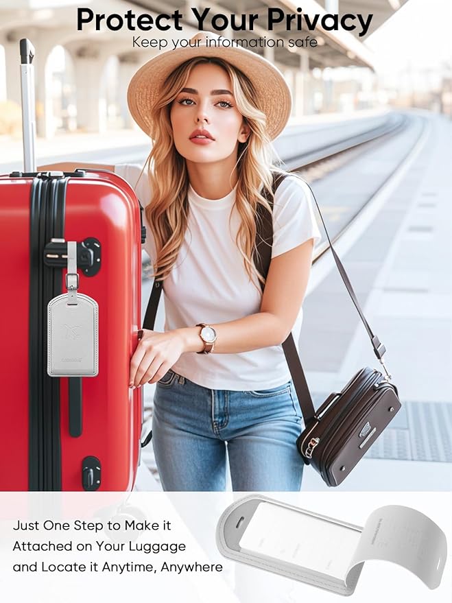 Luggage Tags Built-in Anti-Loss Tracker, Luxury Leather Luggage Tags for Suitcase, Travel Bags, Backpacks, Travel Organizer for Lost Baggage Prevention (Light Gray)