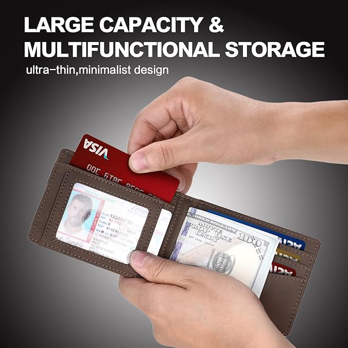 Wallet for Men RFID Blocking Bifold Mens Leather Wallets,Ultra Thin Minimalist Front Pocket Small Compact Mens Slim Wallet,Smart Security Credit Card Holder Elastic Pocket,with Money Clip, 2 ID Window