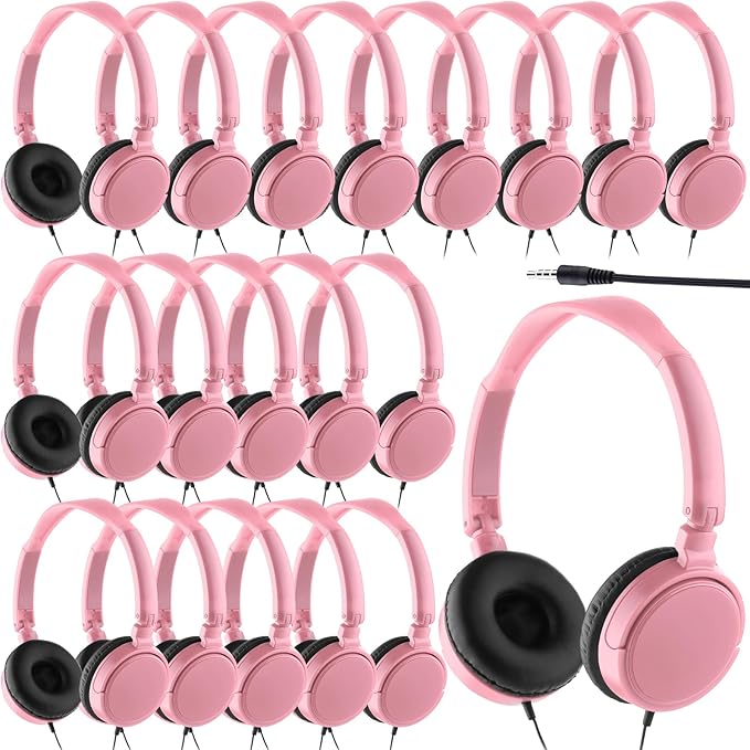 Yunsailing 18 Pack Classroom Headphones Bulk Student Wired Class Headphones Set for School with Individually Wrapped Adjustable Over Ear Head Earbuds (Pink)