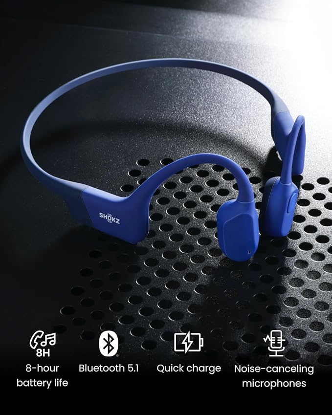 SHOKZ OpenRun, Bone Conduction Headphones,Open-Ear Bluetooth Wireless Sport Headphones for Running & Workout,Sweat Resistant, Long 8H Playtime,Mic,Hair Band-Standard-Blue