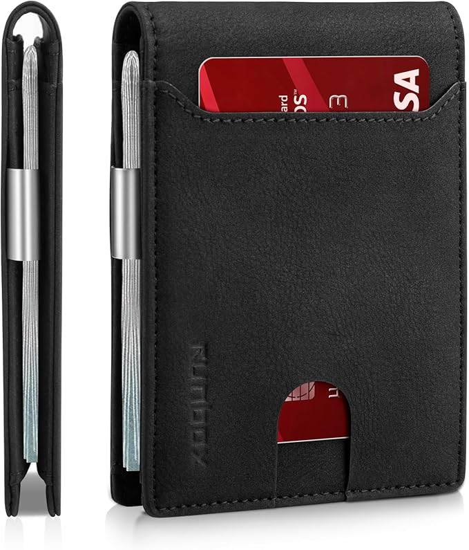 RUNBOX Slim Wallets for Men - Leather Money Clip Mens Wallet - RFID Blocking Front Pocket Bifold Wallet - Thin Credit Card Holder with Gift Box