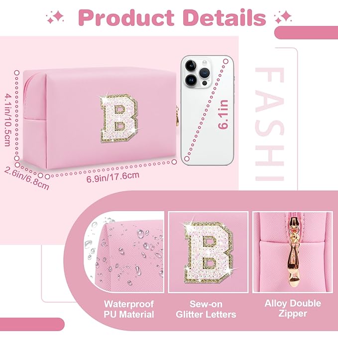 Small Personalized Initial A-Z Patch Makeup Bag,Pink Cute PU Leather Glitter Letter Cosmetic Bag for Teen Girls,Travel Toiletry Bag with Zipper,Preppy Monogrammed Birthday Gift for Daughter Niece B