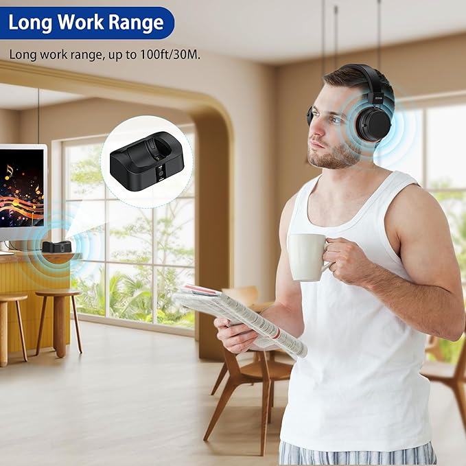 BESIGN BTH02 Wireless Headphones for TV Watching with Bluetooth Transmitter Charging Dock, Bluetooth TV Headphones Wireless for Seniors, Bluetooth Headsets, 100ft Range No Audio Delay