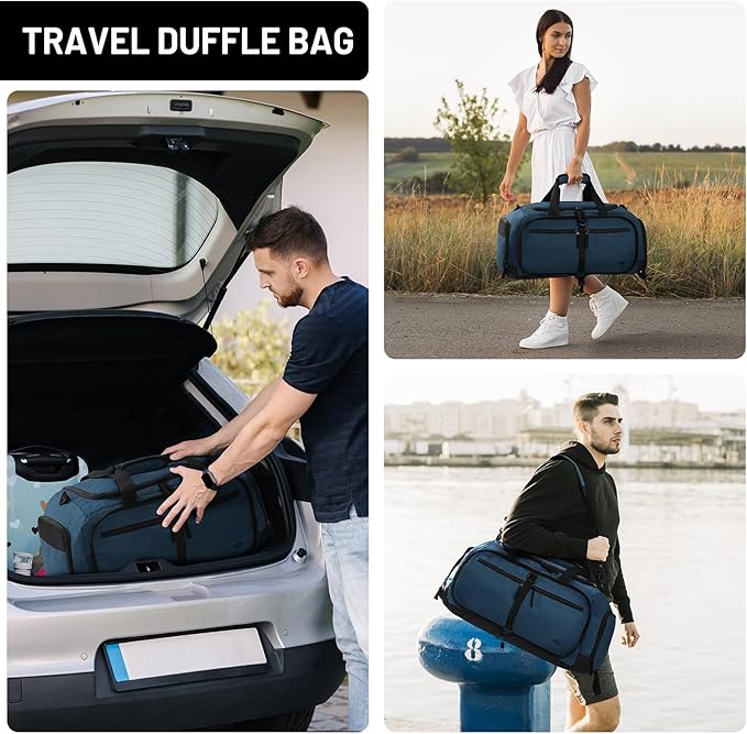 MIER Foldable Duffle Bag with Shoe Compartment 50L Travel Duffel Bags for Men Women Packable Overnight Bag for Camping Gym Weekender, Drak Blue