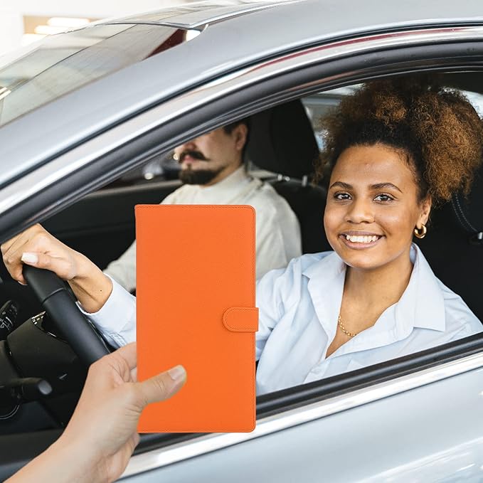 Car Registration and Insurance Holder, Leather Magnetic Shut Vehicle Glove Box Organizer for Document, Card, Driver License, Orange