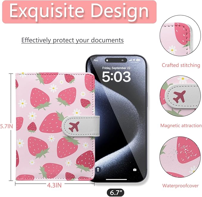 Passport Holder, Travel Wallet Cover with Pen Loop | Cute RFID Blocking Leather Case with Magnetic Closure for Travel Essentials-Strawberry