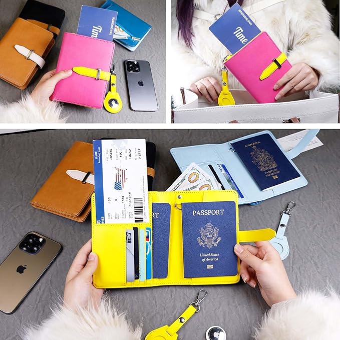 Deziliao Passport wallets, Mulit-purpose RFID Blocking Passport Holder AirTag Wallet, Travel Wallet（Pink）