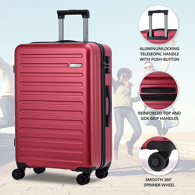 TydeCkare 2pcs 20/28" Luggage Set Lightweight HardShell, Only 20 Inch Carry On 21.65 * 15.35 * 7.87" Cabin Suitcase with Front Pocket, 28 Inch 19.68 * 11.81 * 29.92" Checked Luggage, Wine Red