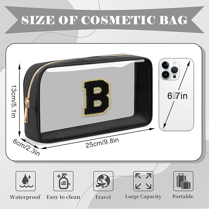 Personalized Initial Letter Clear Makeup Bag,Preppy Small Nylon&PVC Cosmetic Zipper Bag with Chenille Letter,Travel Skincare Toiletry Bag,Monogram Christmas Gift for Teen Girls Women,B
