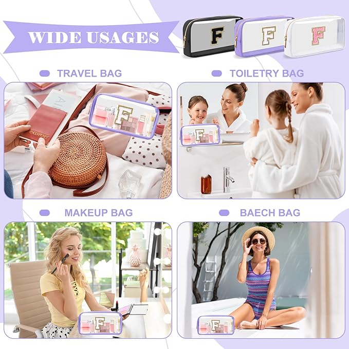 Personalized Initial Letter Clear Makeup Bag,Preppy Small Nylon&PVC Cosmetic Zipper Bag with Chenille Letter,Travel Skincare Toiletry Bag,Monogram Christmas Gift for Teen Girls Women,F