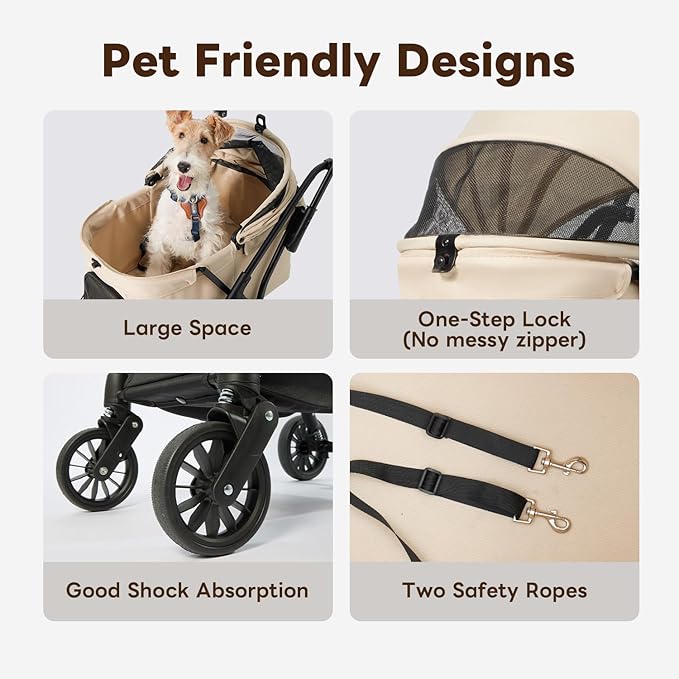 PETTENA Foldable Pet Stroller,4 Wheels Pet Strolling Cart for Small Dogs Cats up to 44 Lbs, Pet Travel Carrier Strolling Cart with Storage Basket, Portable Dog Cat Stroller with Breathable Mesh, Khaki