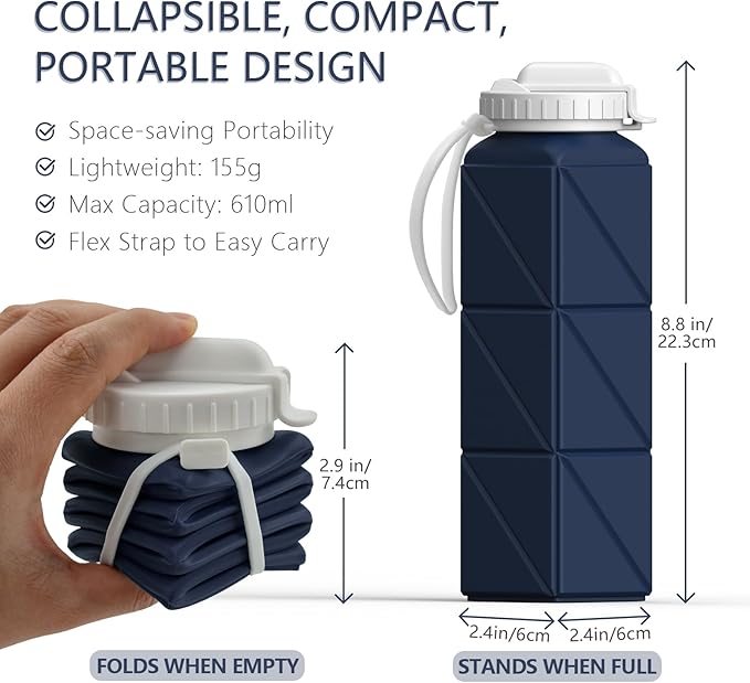 Collapsible Water Bottles with Straw 20.6oz, Silicone Foldable Portable Water Bottle, BPA-Free, Leakproof Reusable for Travel Camping Hiking Cycling Yoga Sports, 1 Pack (Dark Blue)