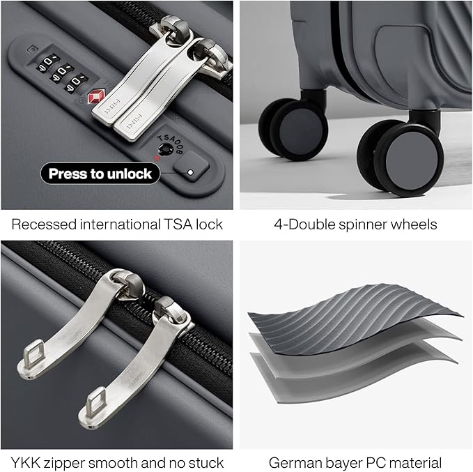 mixi Luggage Suitcases With Spinner Wheels,Upgrade Wide Handle PC Hardshell Rolling Travel Suitcase with TSA Lock, Checked-Medium 24-Inch, Rock Gray