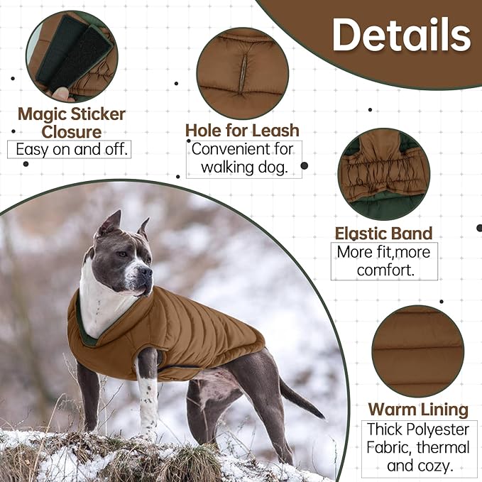 Lelepet Reversible Dog Coat Waterproof Dog Jacket Windproof Puffer Vest for Winter Warm Lightweight Coats for Large Dogs Adjustbale Hook & Loop Pet Apparel with Leash Hole, Boxer, Weimaraner, 2XL