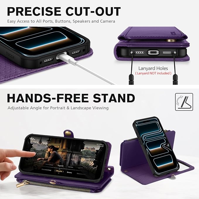 TUCCH Removable Crossbody Wallet Case for iPhone 17 Pro 6.3", RFID Blocking 9 Card Holders, Lanyard, Wrist Strap, Wireless Charging, Stand, Zipper Pocket, PU Leather, Magnetic Flip Cover, Deep Purple