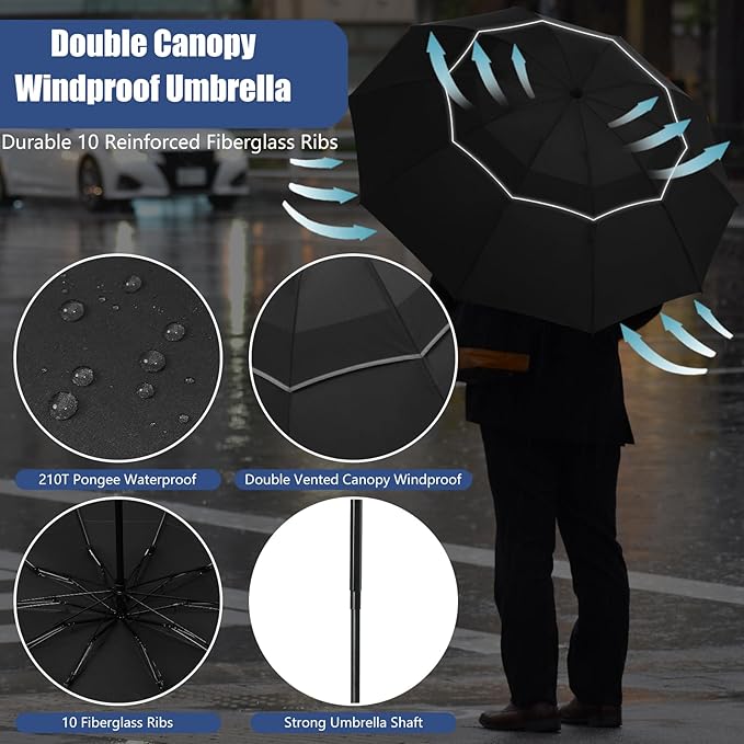62/54/46 Inch Umbrellas for Rain Large Travel Compact Golf Umbrella Inverted Windproof Double Canopy 10 Ribs Automatic Open/Close UPF50+ Sun UV Protection