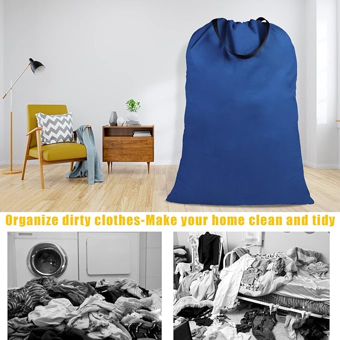 Cotton Canvas Laundry Bag with Handles & Drawstring Straps, Heavy Duty Extra Large Laundry Bags for Laundromat and Household, 25.5x34 Inch, Navy Blue