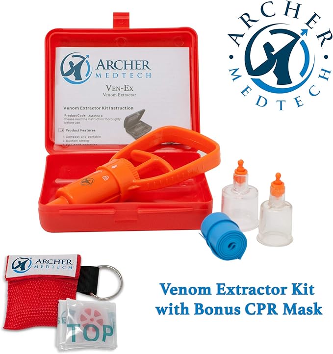 Ven-Ex Snake Bite & Bee Sting Kit – Portable Venom Extractor Pump with Tourniquet, One-Hand Operation, Bonus CPR Face Shield, Outdoor First Aid for Hiking, Camping & Backpacking
