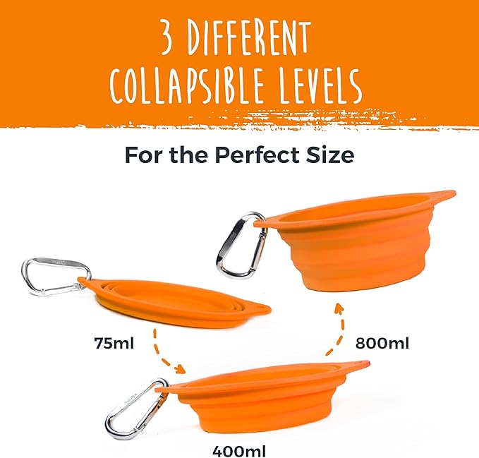Mighty Paw Collapsible Travel Dog Bowl Set - Silicone Food and Water Bowls - Bonus Carabiner Clip - Ideal Hiking - Camping - Walking - Lightweight - Leak-Proof Dog Set - Orange - 2 Pack (27 oz)