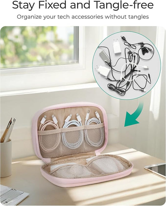 BAGSMART Cord Organizer Travel Cable Bag, Compact Tech Electronic Organizer Travel Case, Essentials for Charger, Cable, Phone, Flash drive, Double Layers (Pink)