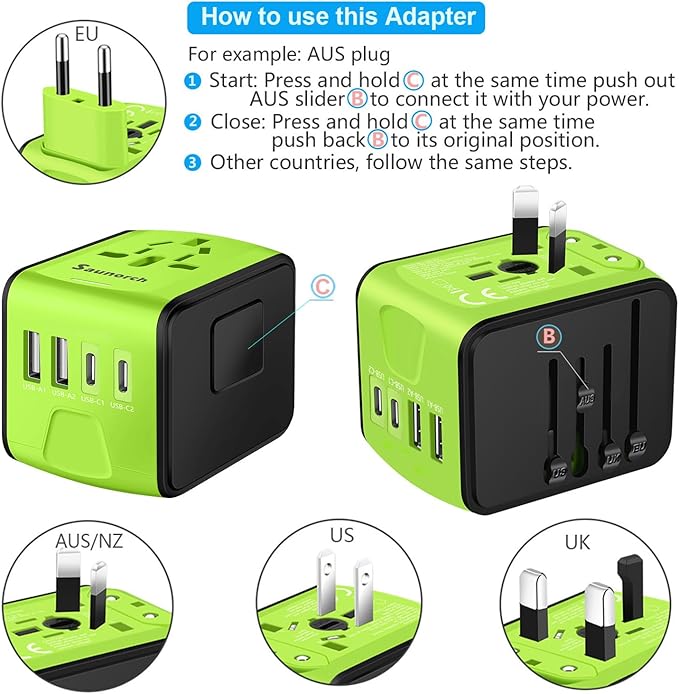 Travel Adapter Worldwide, Universal International Power Plug Adapter W/2.4A 2xUSB-A and 3.0A 2xType-C Wall Charger, European Travel Plug Adapter for Europe UK EU US CA AU Italy Asia-Green