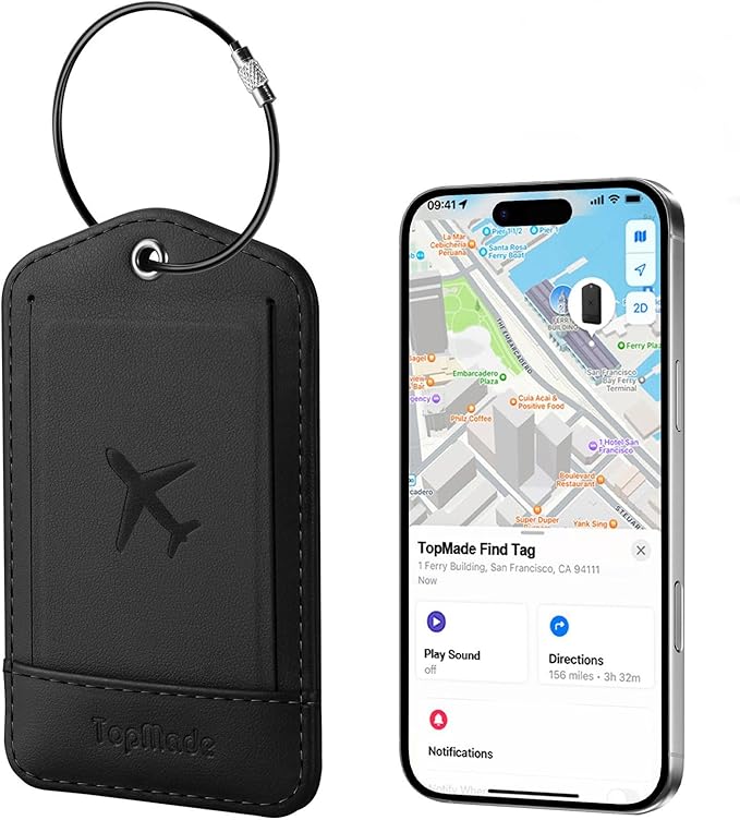 TopMade Smart Luggage Tag with Apple Find My, Premium Leather Luggage Tags for Suitcase, Travel Bags, Backpacks, Anti-Lost Suitcase Tag Tracker for Travel with Privacy Name Card, Rechargeable