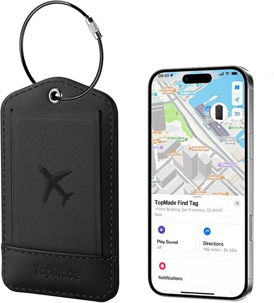 TopMade Smart Luggage Tag with Apple Find My, Premium Leather Luggage Tags for Suitcase, Travel Bags, Backpacks, Anti-Lost Suitcase Tag Tracker for Travel with Privacy Name Card, Rechargeable