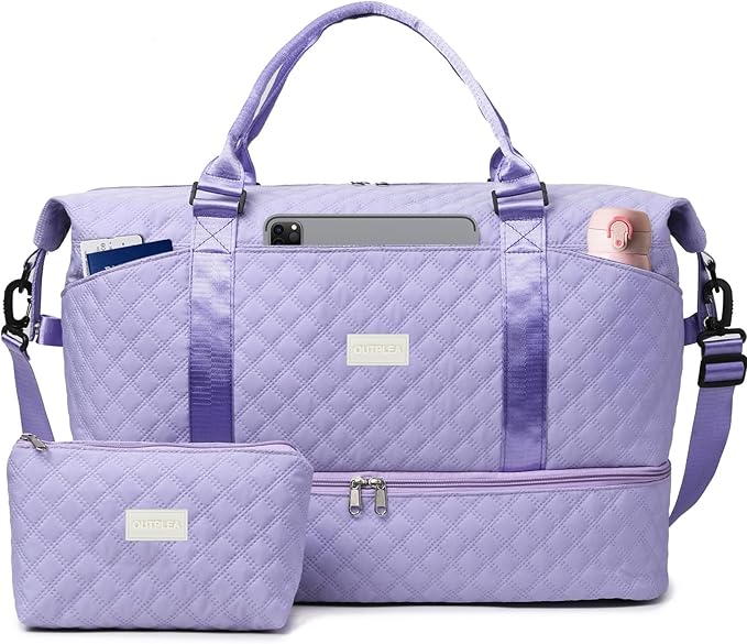 50L Large Travel Duffel Bag with Shoe Compartment & Toiletry Bag for Women, Carry on Bags with Wet Pocket, Purple