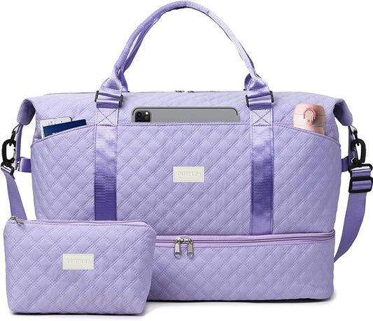 50L Large Travel Duffel Bag with Shoe Compartment & Toiletry Bag for Women, Carry on Bags with Wet Pocket, Purple