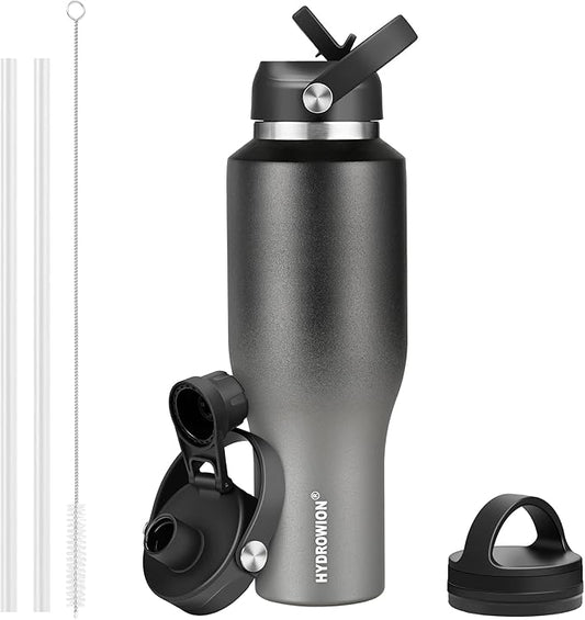 HYDROWION Water Bottle Insulated (Cold 48 hrs, Hot 24 hrs) 40 oz Stainless Steel Water Tumbler with Leak Proof Straw Lid, Spout Lid and Flex Cap,Double Wall Travel Tumbler Cup, Black&Grey