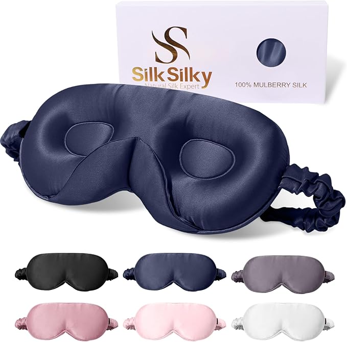 SilkSilky 100% 22 Momme Mulberry Silk Sleep Mask – Upgraded 3D Contoured Eye Mask with Nose Wing Pads & Adjustable Strap, Luxury Blackout Eye Cover for Women & Men (Dark Blue)