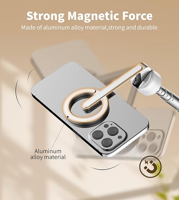 TONEOF 68" Magnetic Selfie Stick Tripod with Aluminum Strong Magnetic Holder for Magsafe, 360° Rotatable Travel Phone Tripod Stand with Metal Ring & Rechargeable Remote for iPhone/Android（White）