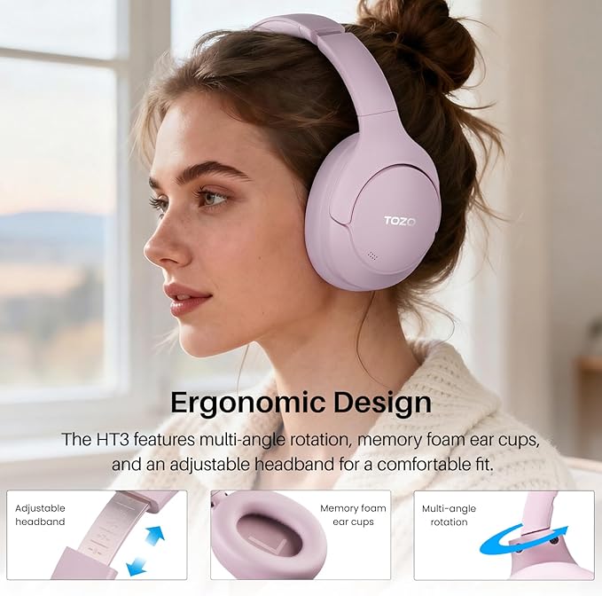 TOZO HT3 Hybrid Noise Cancelling Headphones, 90H Playtime Wireless Over Ear Bluetooth Headset, Spatial Audio AI Chat with 5 Mics, Supports Dual Connection and USB-C Input, with 32 EQ Music Modes