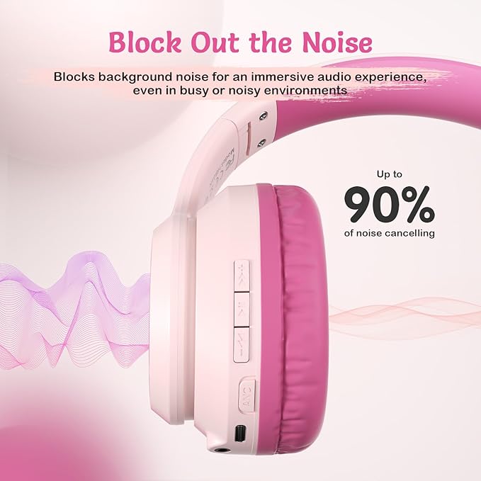 Kids Bluetooth Headphones with Active Noise Cancelling, Wireless Over-Ear Headphones for Boys Girls, Foldable, Adjustable, Safe Volume, 40H Playtime, Mic for School Travel(Pink)