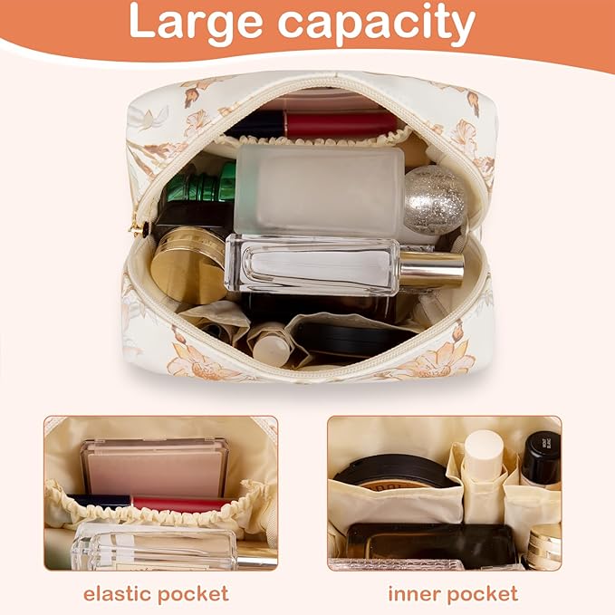 Floral Waterproof Makeup Bag, Leather Cosmetic Bag with Compartments, Zipper Make up Pouch Organizer, Portable Storage Travel Toiletry Bag Gifts for Women Girls(Purple Flower)