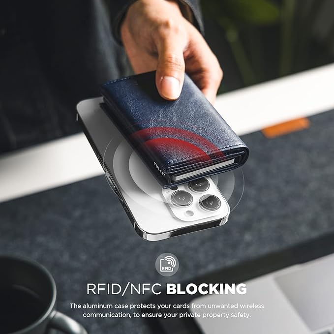 VULKIT Pop up Card Wallet Minimalist Cash Wallets RFID Blocking Leather Smart Credit Card Holder with ID window for Men(Navy)