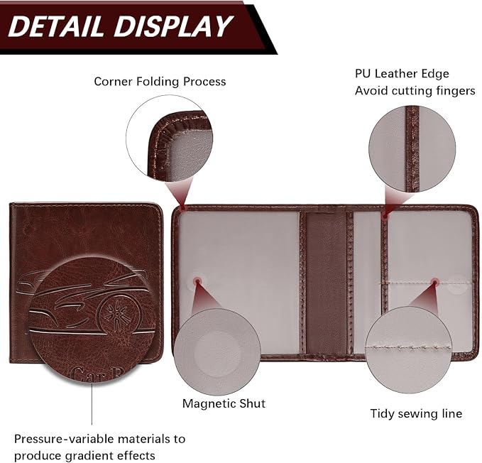 2-Pack Registration and Insurance Card Holder, Vehicle Glove Box Car Organizer with Magnetic Closure, Interior Car Accessories for Documents, Cards, License Storage, Dark Brown