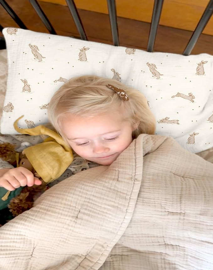 Toddler Pillowcases for 13"x18" Pillow 2 Pack, Muslin Small Toddler Baby Kids Travel Pillow Covers for Boys Girls with Envelope Closure (Rabbit B & Beige, 13 x 18 Inch)