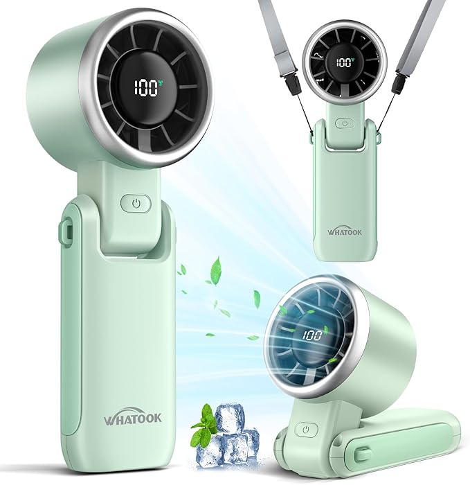 WHATOOK Portable Handheld Turbo Fan: Mini Fans with 5 Gear Wind, 4000mAh Battery Operated Rechargeable, Up to 12 Working Hours, 3 IN 1 Hand Fans for Outdoor, Travel, Working, Shopping (Green)