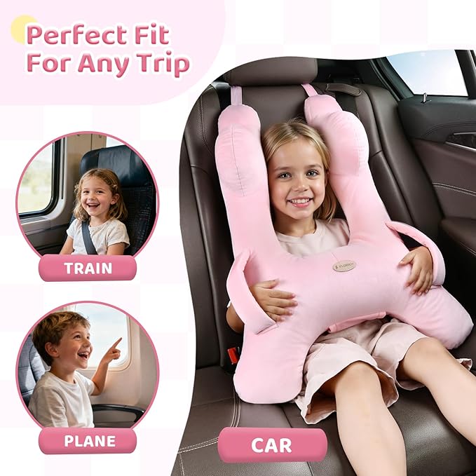 FLORICH Kids Travel Pillow, Car Sleeping Travel Pillow for Kids, Washable H-Shaped Pillow for Adults and Children to Support Head and Body for Road Trips Pillow for Car (Pink)