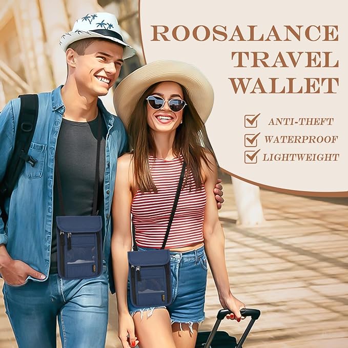 Passport Holder for Travel, Neck Pouch Travel Wallet With RFID Blocking, Waterproof Lightweight Passport Wallet for Women and Men (Dark Blue)