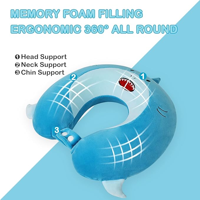 Kids Neck Pillow for Traveling, Adujstable Airplane Pillow with Travel Bag, Travel Essentials for Long Flights, Soft & Support Airplane Pillow for Headrest Sleep - Blue Shak