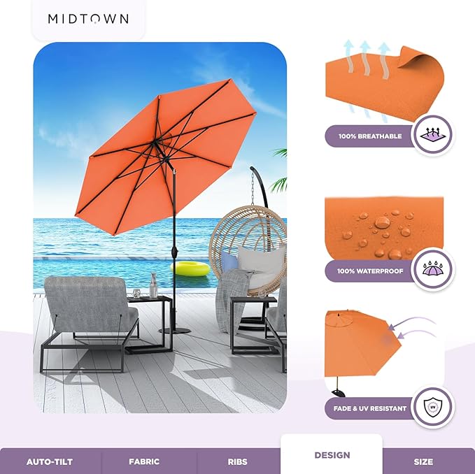 Midtown Umbrellas 10-Year-No-Fade - 6 Ft - UV Proof Tangerine Polyester Fabric - Umbrella Outdoor Patio, Aluminum Frame Large Patio Umbrella for Garden, Pool & Deck - Black Pole