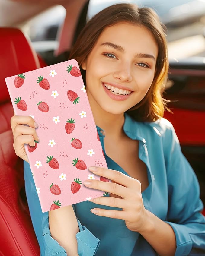 Slohif Car Registration and Insurance Card Holder with Magnetic Shut - Vehicle Glove Box Organizer Women Leather Automobile License Holders Coasters Auto Accessories Case for Document,Strawberry